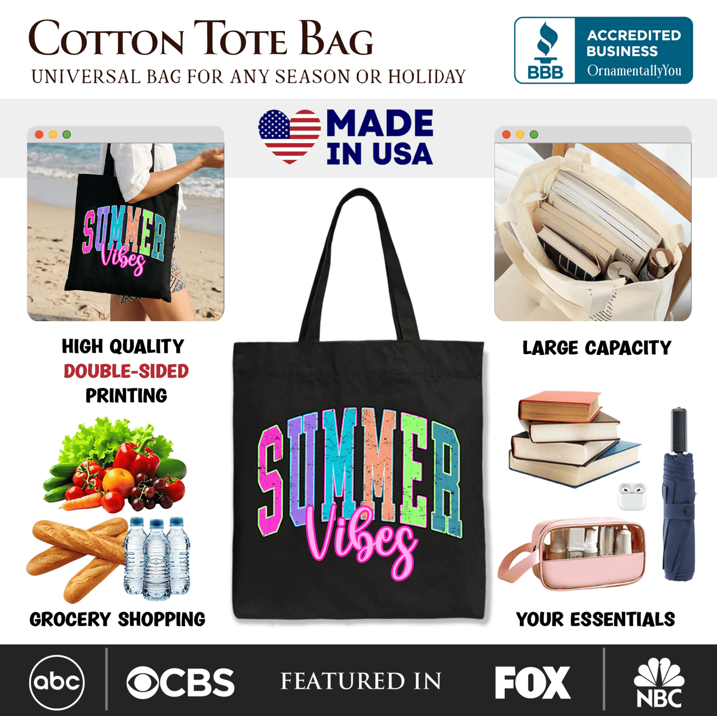 Summer Vibes Neon Varsity Tote Bag, Retro Beach Gift Shopper
