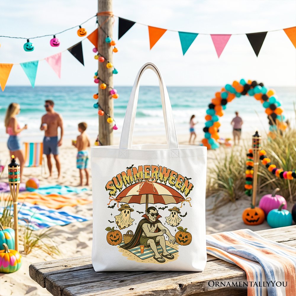 Summerween Vampire Dracula Tote Bag, Retro Halloween Beach Gift Shopper for Horror Spooky Summer Season - Shaketea
