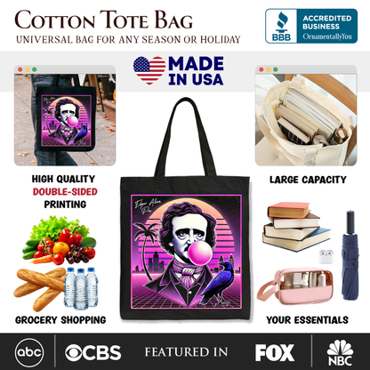 Synthwave 80's Styled Edgar Allan Poe Horror Tote Bag, Vaperwave Classic Retro Neon Halloween Gift Shopper