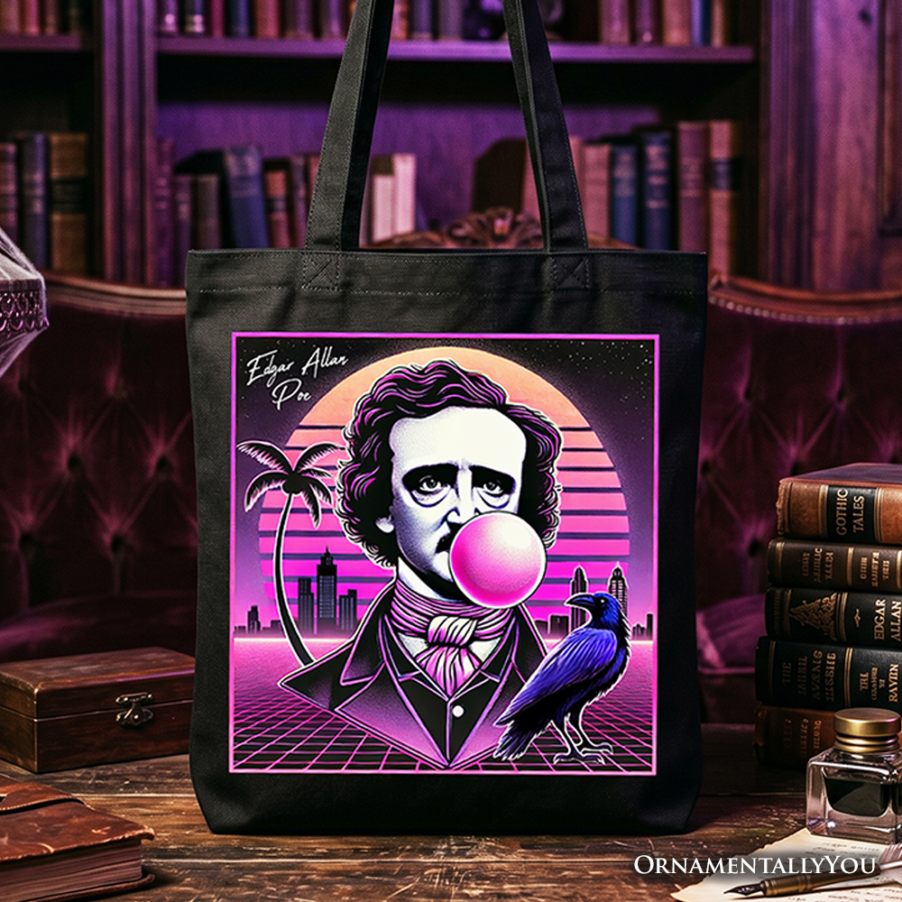 Synthwave 80's Styled Edgar Allan Poe Horror Tote Bag, Vaperwave Classic Retro Neon Halloween Gift Shopper