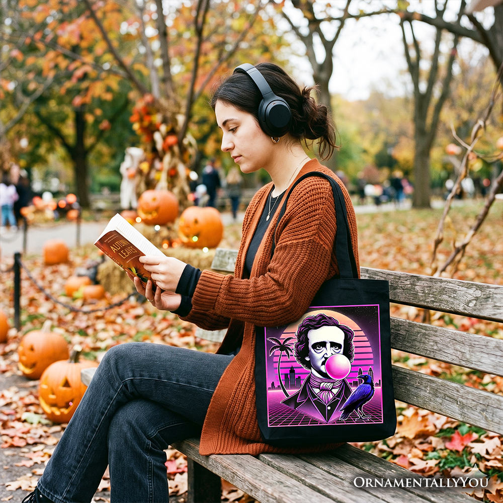 Synthwave 80's Styled Edgar Allan Poe Horror Tote Bag, Vaperwave Classic Retro Neon Halloween Gift Shopper