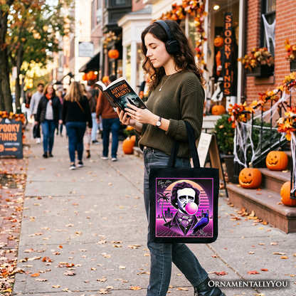 Synthwave 80's Styled Edgar Allan Poe Horror Tote Bag, Vaperwave Classic Retro Neon Halloween Gift Shopper