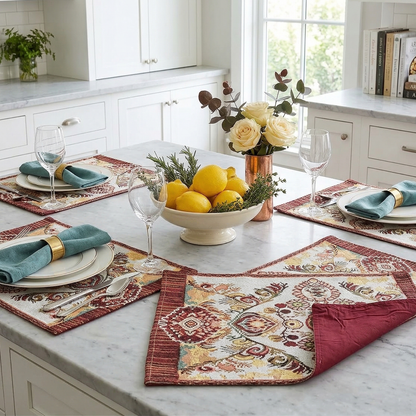 Tache Burgundy Ornate Paisley Woven Tapestry Placemats - Eclectic Modern Dining Set (18194)
