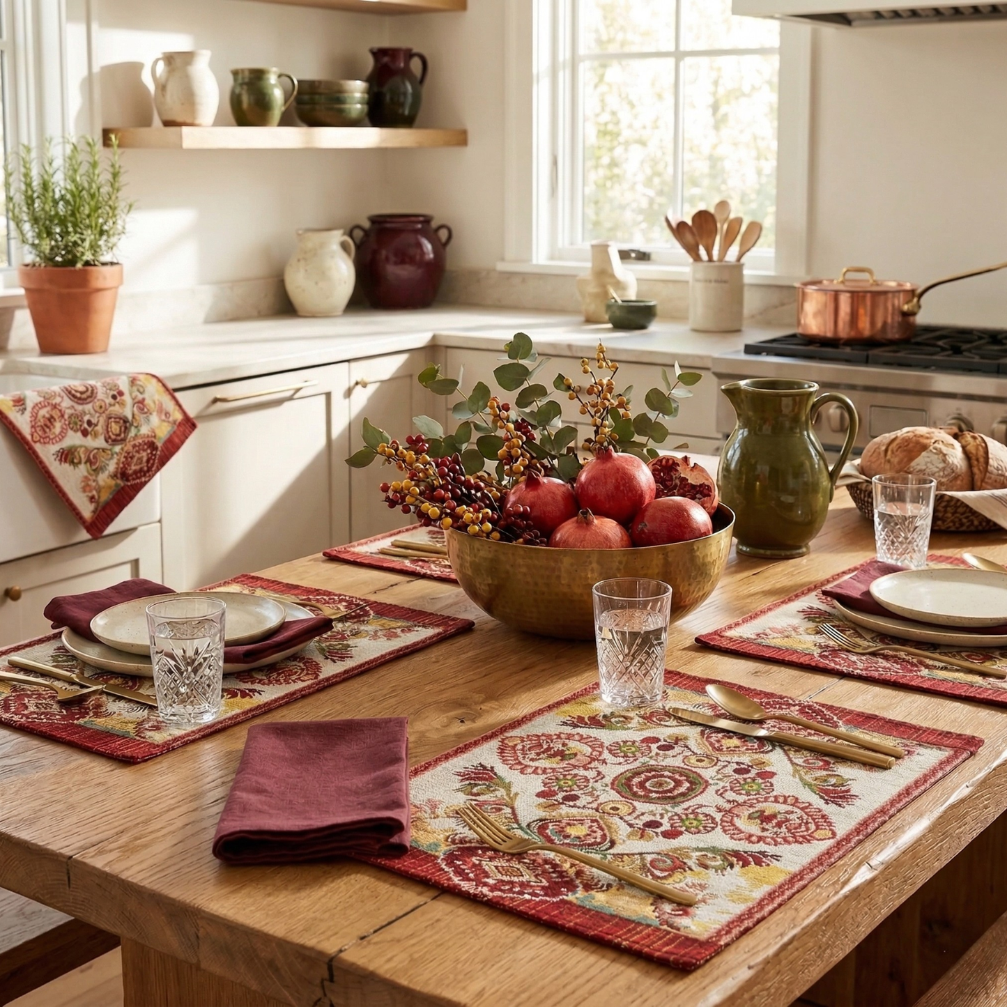 Tache Burgundy Ornate Paisley Woven Tapestry Placemats - Eclectic Modern Dining Set (18194)