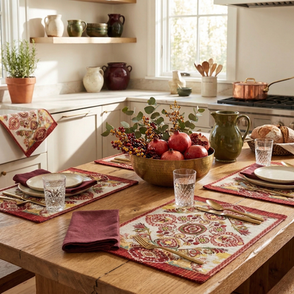 Tache Burgundy Ornate Paisley Woven Tapestry Placemats - Eclectic Modern Dining Set (18194)