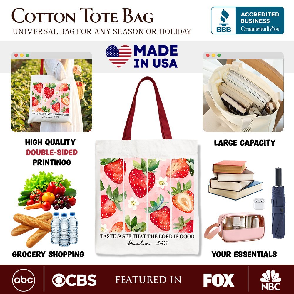 Taste and See That The Lord is Good Strawberry Canvas Tote Bag, Christian Faith Gift Shopper