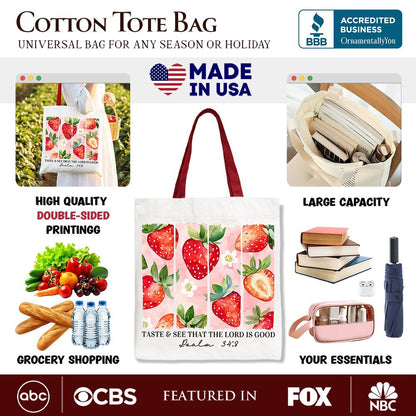 Taste and See That The Lord is Good Strawberry Canvas Tote Bag, Christian Faith Gift Shopper