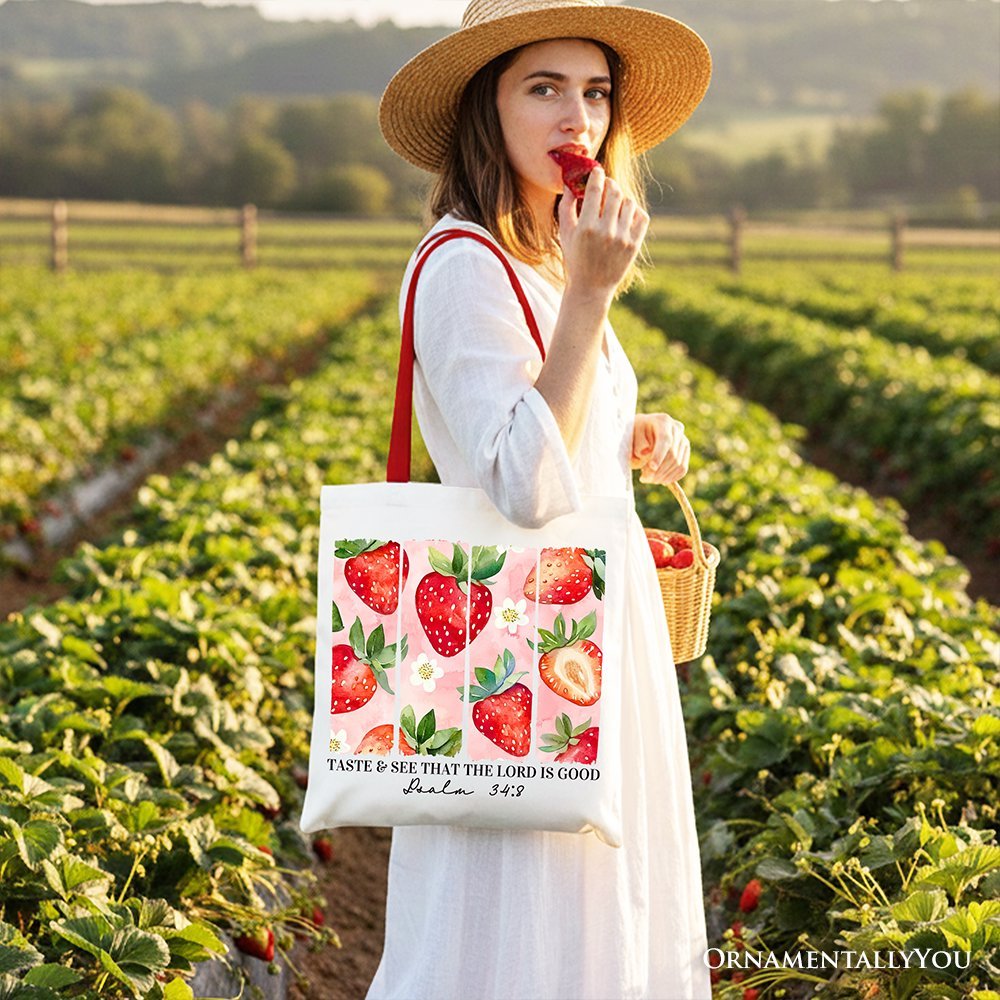 Taste and See That The Lord is Good Strawberry Canvas Tote Bag, Christian Faith Gift Shopper