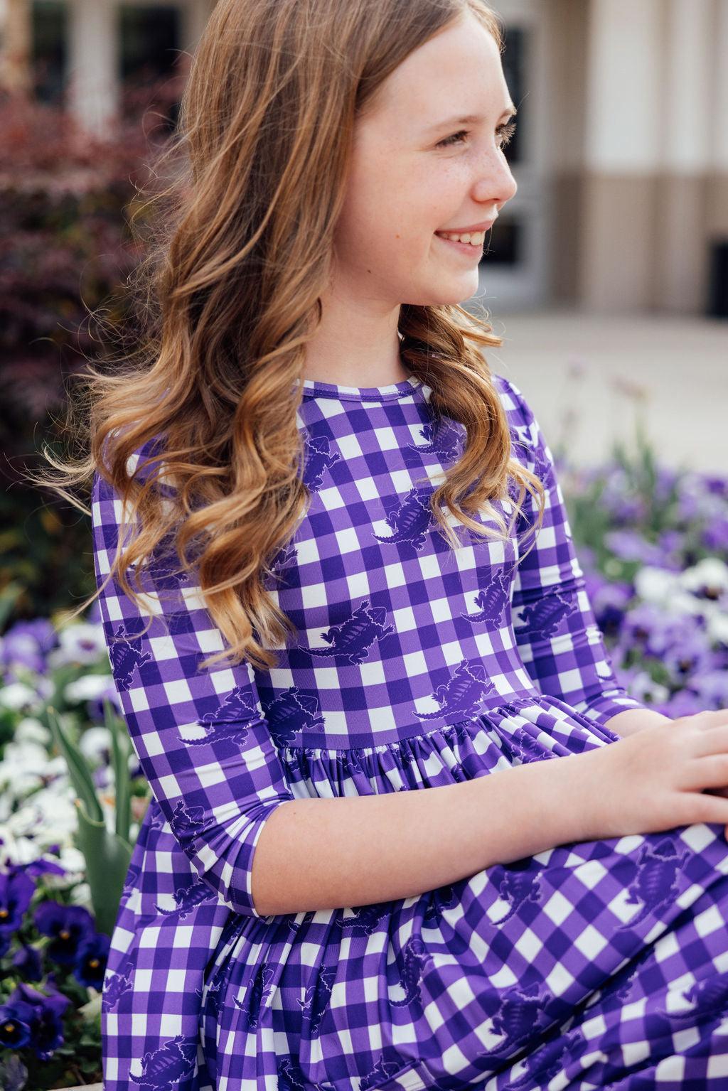 TCU Plaid Frog 3/4 Sleeve Pocket Twirl Dress