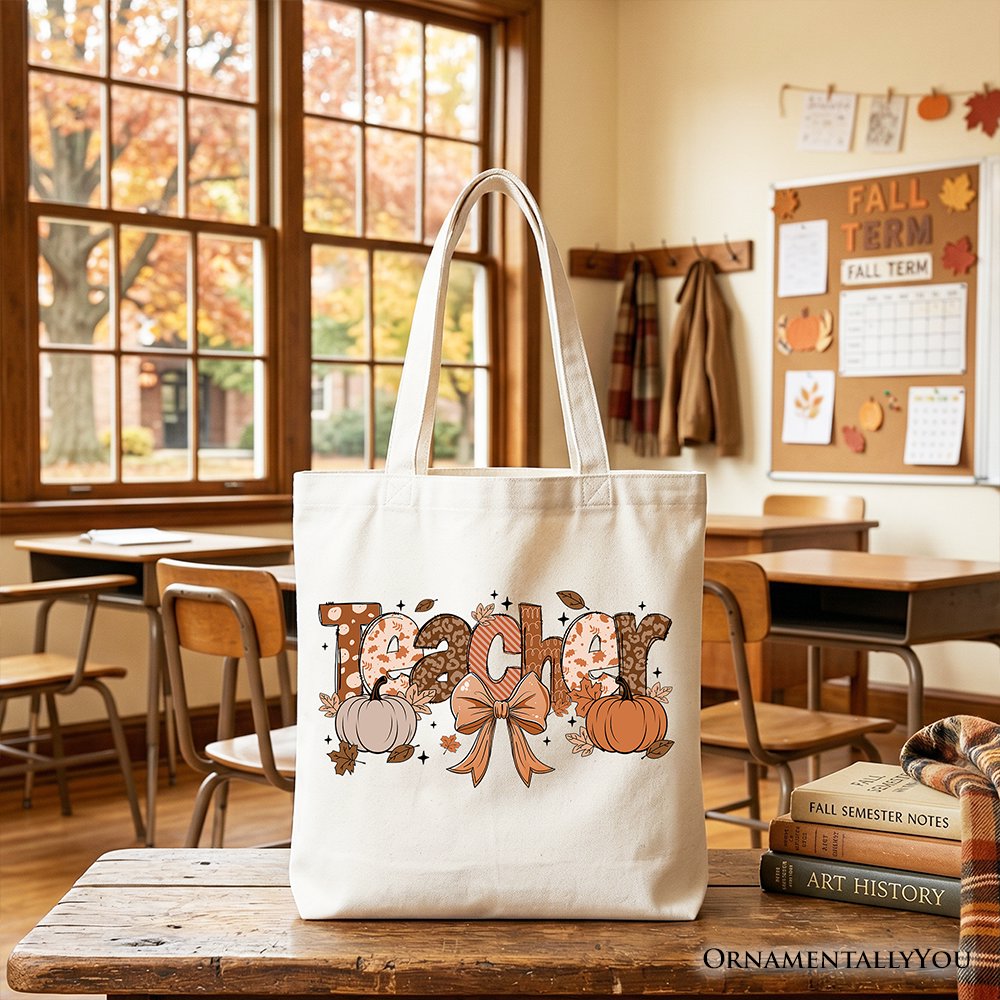 Teacher Coquette Autumn Tote Bag, Cozy Fall Pumpkin Gift Shopper for Educators - Shaketea