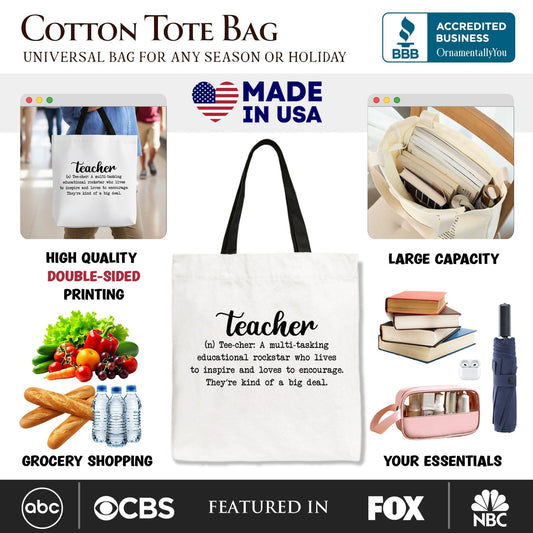 Teacher Definition Canvas Tote Bag, Inspirational Quote Gift Shopper for Educators