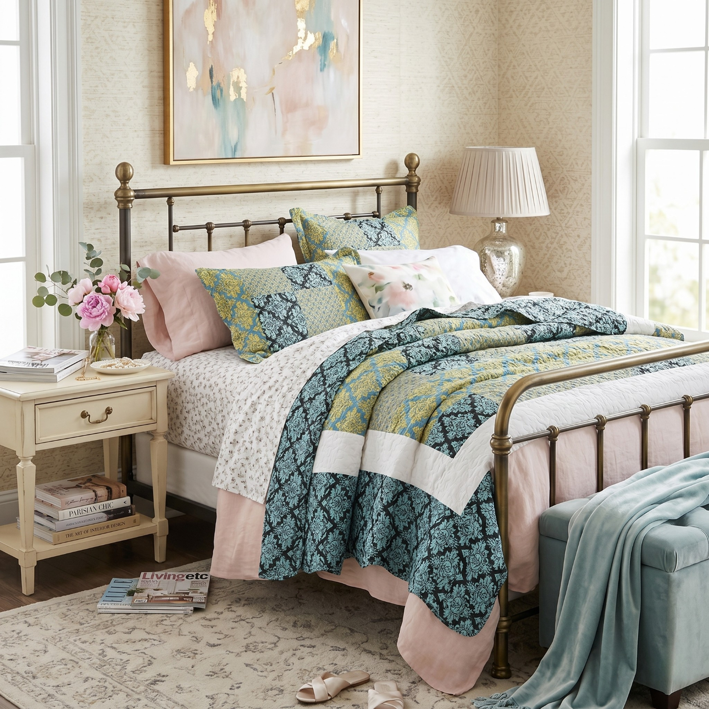 Tache Damask Ornate Baroque Teal Turquoise Blue Green Scalloped Quilt Set (SD-3300)