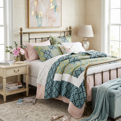 Tache Damask Ornate Baroque Teal Turquoise Blue Green Scalloped Quilt Set (SD-3300)