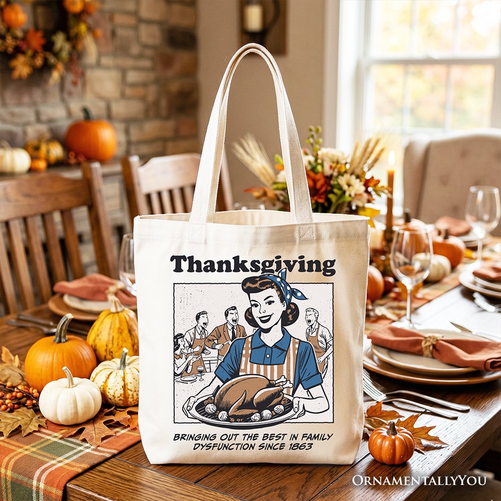 Thanksgiving Family Dysfunction Retro Tote Bag, Funny Holiday Humor Gift Shopper for Sarcastic Families - Shaketea