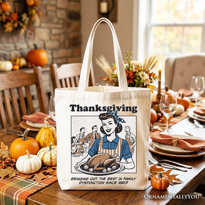 Thanksgiving Family Dysfunction Retro Tote Bag, Funny Holiday Humor Gift Shopper for Sarcastic Families - Shaketea