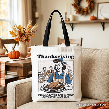 Thanksgiving Family Dysfunction Retro Tote Bag, Funny Holiday Humor Gift Shopper for Sarcastic Families - Shaketea