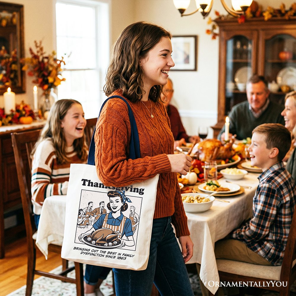 Thanksgiving Family Dysfunction Retro Tote Bag, Funny Holiday Humor Gift Shopper for Sarcastic Families - Shaketea