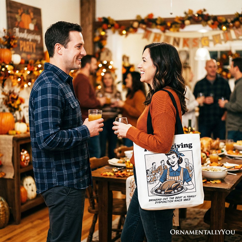 Thanksgiving Family Dysfunction Retro Tote Bag, Funny Holiday Humor Gift Shopper for Sarcastic Families - Shaketea