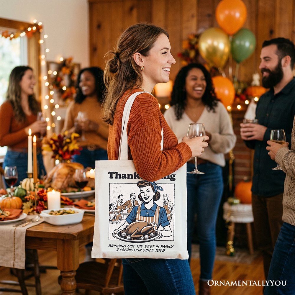 Thanksgiving Family Dysfunction Retro Tote Bag, Funny Holiday Humor Gift Shopper for Sarcastic Families - Shaketea