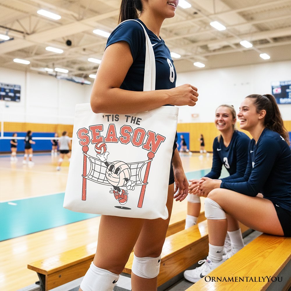 Tis the Season Volleyball Canvas Tote Bag, Retro Game Day Lightweight Sports Gift Bag