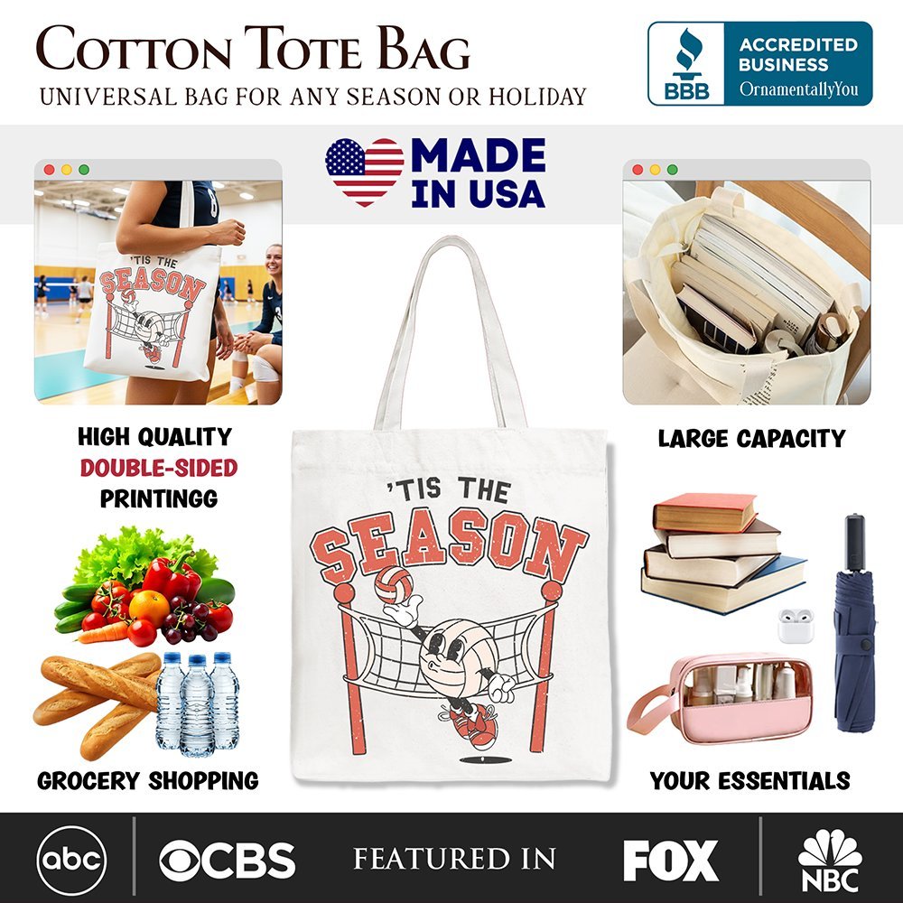 Tis the Season Volleyball Canvas Tote Bag, Retro Game Day Lightweight Sports Gift Bag
