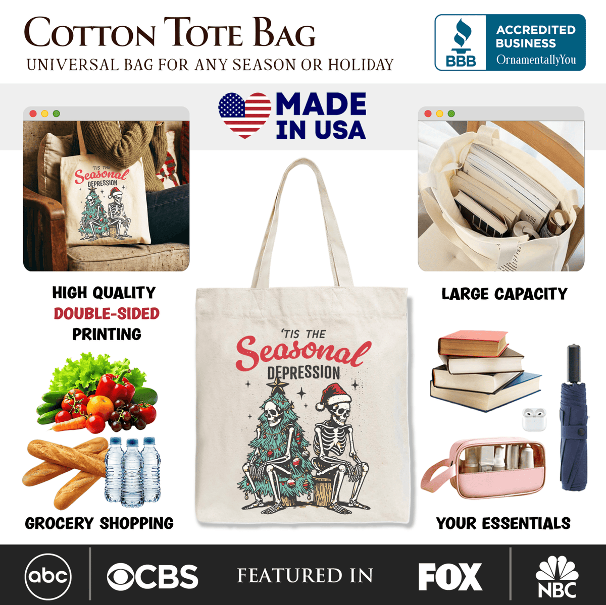 Tis the Seasonal Depression Tote Bag, Dark Humor Christmas Gift Shopper for Festive Mood Swingers