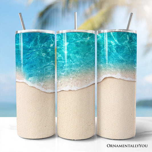 Turquoise Ocean Shore 20oz Personalized Tumbler With Lid and Stainless Steel Straw, Tropical Summer Coastal Gift Cup