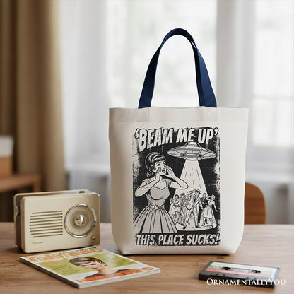 UFO Meme Beam Me Up This Place Sucks Canvas Tote Bag, Cynical Woman Alien Abduction Retro Comic Gift Shopper