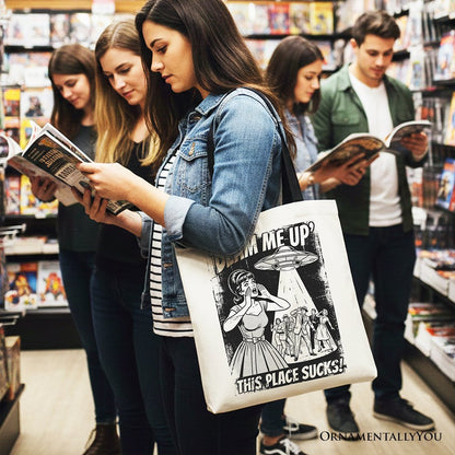 UFO Meme Beam Me Up This Place Sucks Canvas Tote Bag, Cynical Woman Alien Abduction Retro Comic Gift Shopper