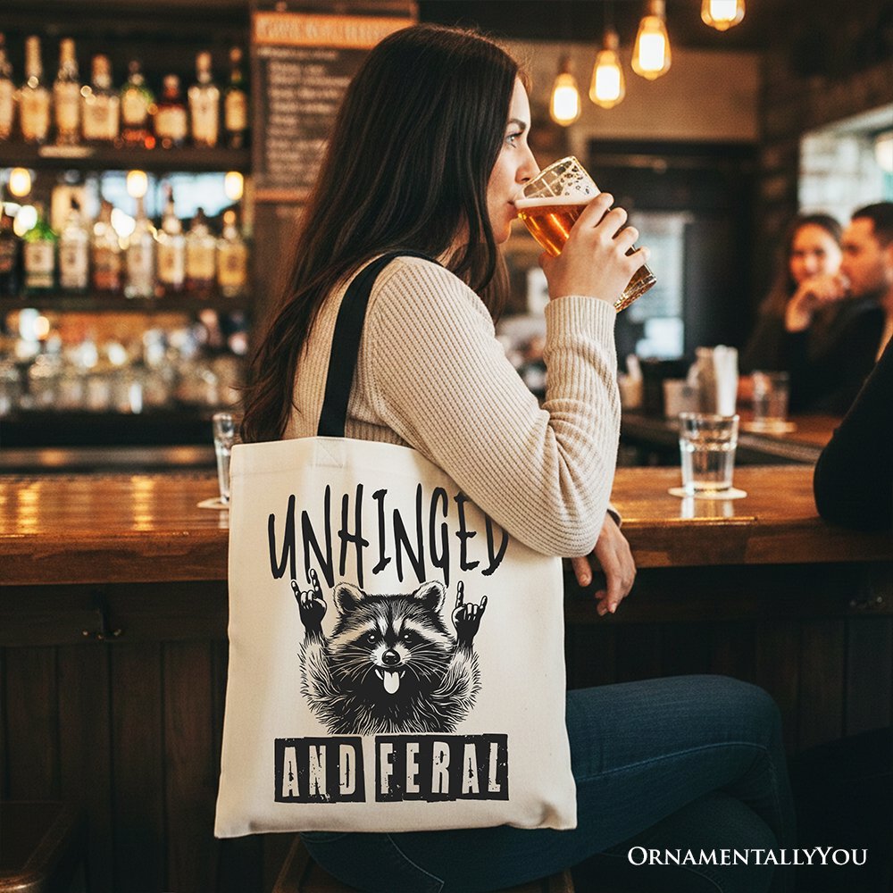 Unhinged and Feral Raccoon Canvas Tote Bag, Funny Rock Hands Gift Shopper for Wild People