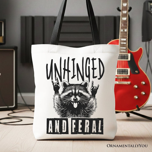 Unhinged and Feral Raccoon Canvas Tote Bag, Funny Rock Hands Gift Shopper for Wild People