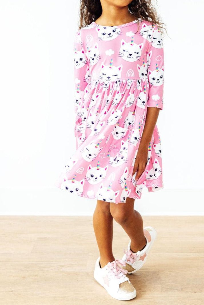 Unicorn Kitties 3/4 Sleeve Pocket Twirl Dress