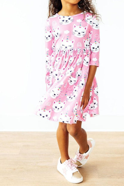 Unicorn Kitties 3/4 Sleeve Pocket Twirl Dress