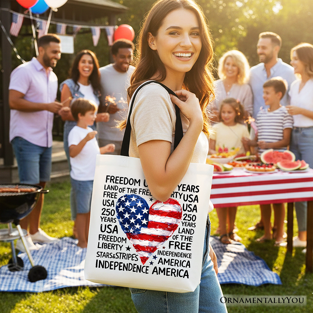 USA 250 Heart Patriotic Tote Bag, Retro 4th of July Gift Shopper