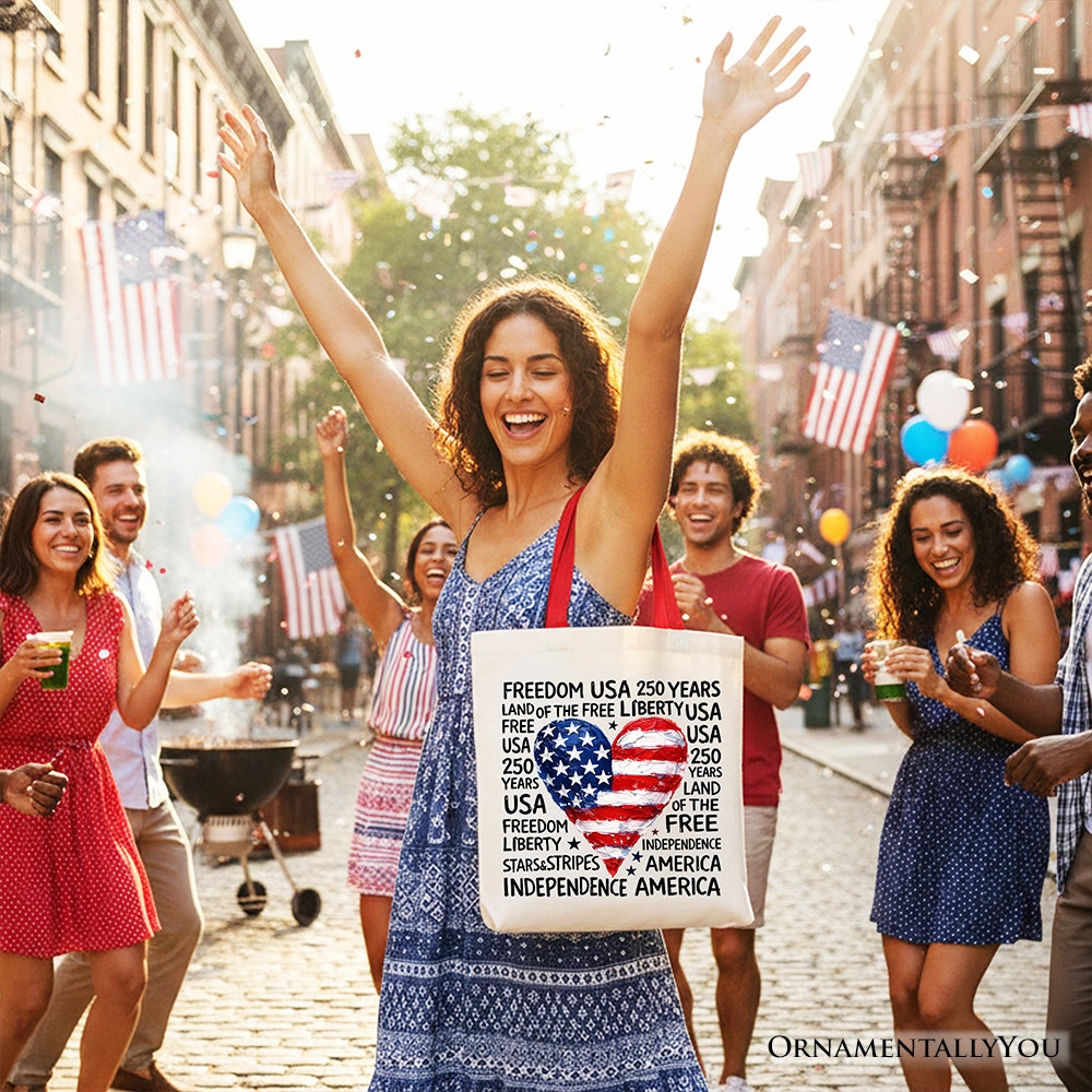 USA 250 Heart Patriotic Tote Bag, Retro 4th of July Gift Shopper