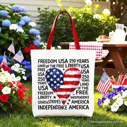 USA 250 Heart Patriotic Tote Bag, Retro 4th of July Gift Shopper