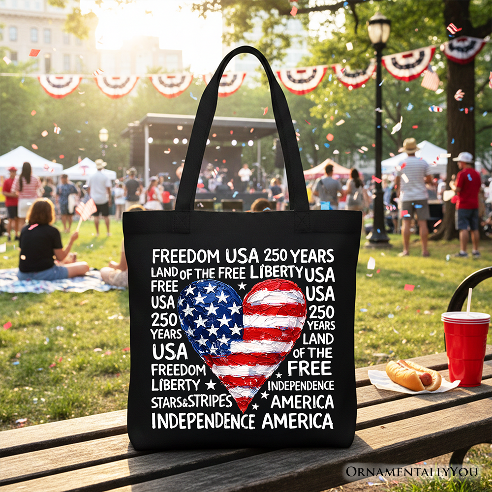 USA 250 Heart Patriotic Tote Bag, Retro 4th of July Gift Shopper