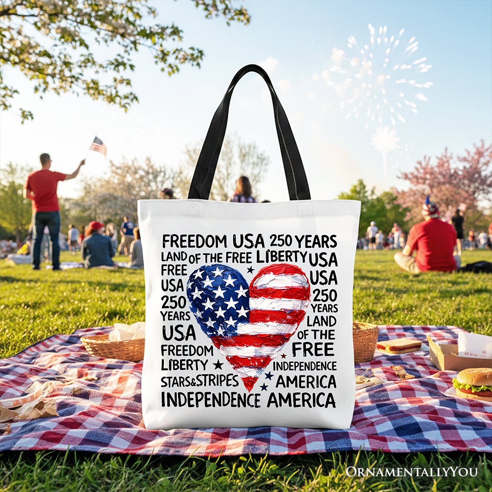USA 250 Heart Patriotic Tote Bag, Retro 4th of July Gift Shopper