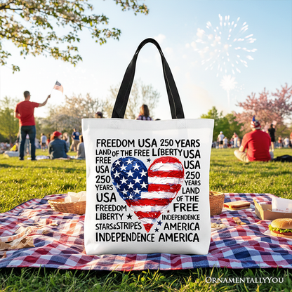 USA 250 Heart Patriotic Tote Bag, Retro 4th of July Gift Shopper