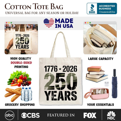 USA 250 Years Anniversary Tote Bag, 4th of July Patriotic 1776–2026 Gift Shopper