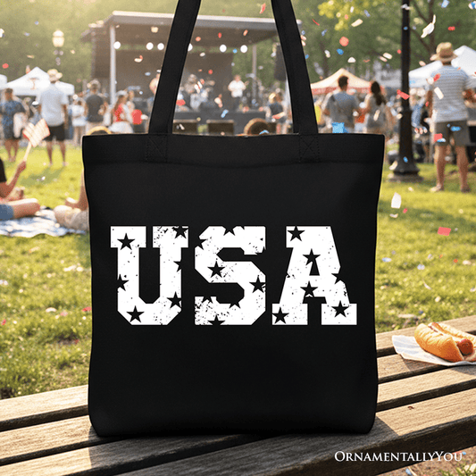 USA Block Letters Tote Bag, Vintage Patriotic Gift Shopper for Independence Day