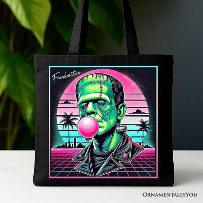 Vaperwave Frankenstein Retro Neon Horror Canvas Tote Bag, Synthwave 80's Styled Classic Halloween Gift