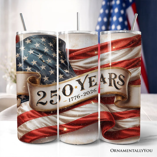 Vintage 250 Years American Flag 20oz Personalized Tumbler With Lid and Stainless Steel Straw, Patriotic USA Independence Day Gift Cup