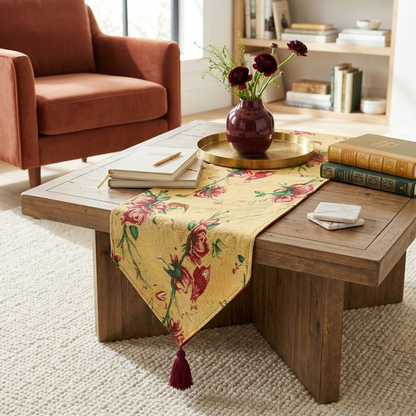 Tache Golden Woven Tapestry Table Runner - Red Roses & Hummingbirds (18115)