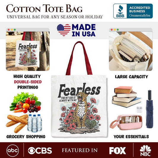 Vintage Floral Leopard Christian Canvas Tote Bag, Fearless For My God Is Always With Me Isaiah 41:10 Gift Shopper