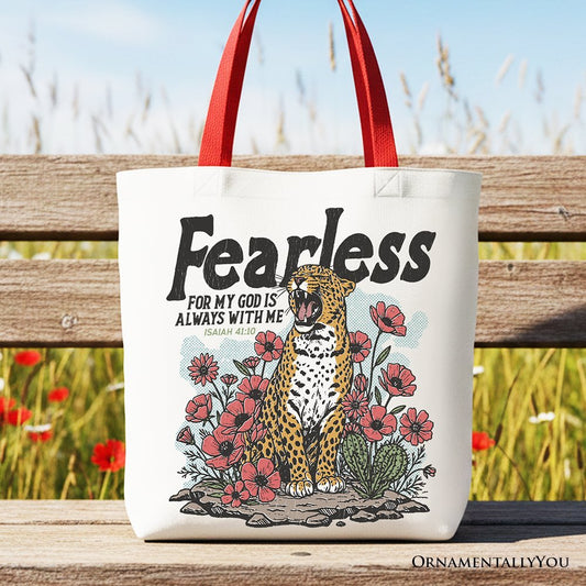 Vintage Floral Leopard Christian Canvas Tote Bag, Fearless For My God Is Always With Me Isaiah 41:10 Gift Shopper