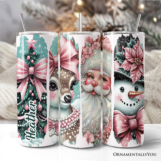 Vintage Tree, Reindeer, Santa and Snowman 20oz Personalized Tumbler With Lid and Stainless Steel Straw, Coquette Pink Christmas Gift Cup