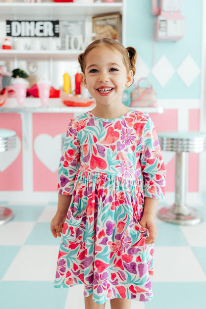 Watercolor Hearts 3/4 Sleeve Pocket Twirl Dress