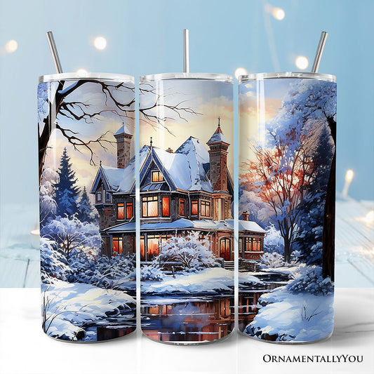 Watercolor Snowy Victorian Mansion Painting 20oz Personalized Tumbler With Lid and Stainless Steel Straw, Cozy Winter Estate Gift Cup