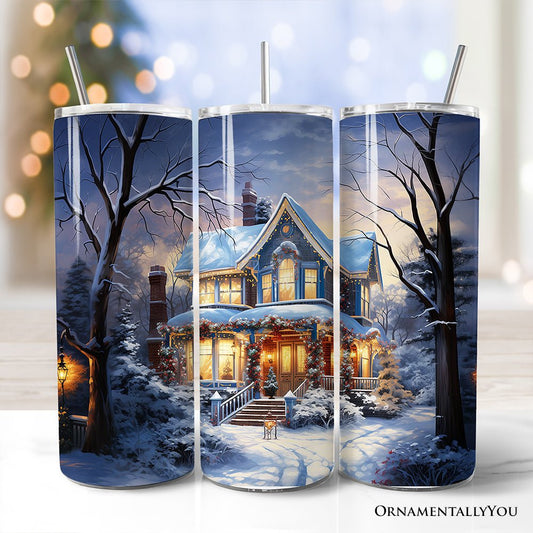 Watercolor Winter Christmas House Night Painting 20oz Personalized Tumbler With Lid and Stainless Steel Straw, Warm Holiday Lights Cottage Gift Cup